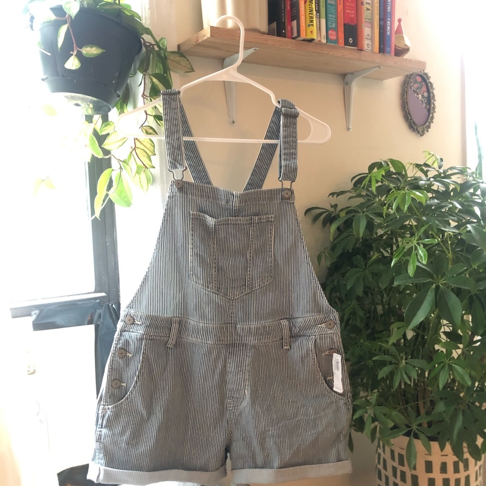 railroad striped short overalls